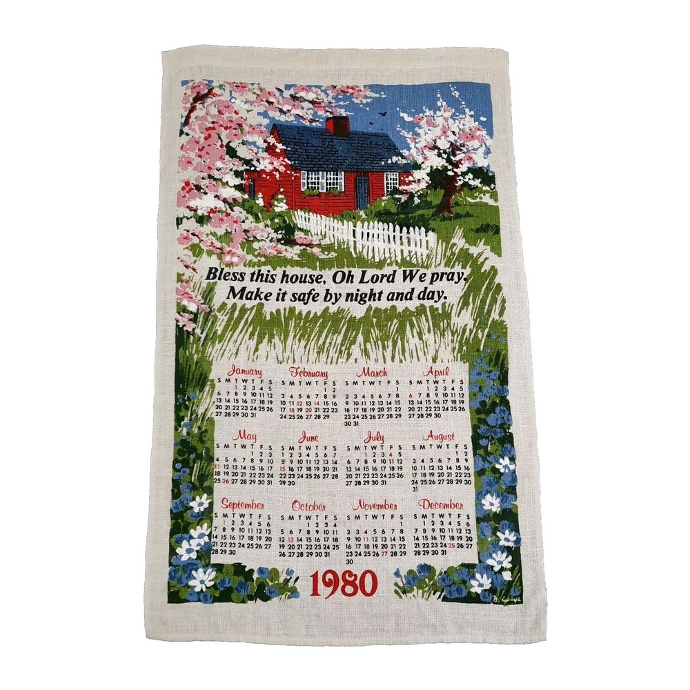 Vintage Linen Calendar Kitchen Towel Bless This House Cottage Floral Trees 1980
